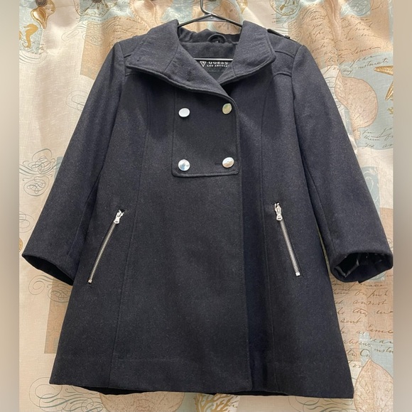Guess Los Angeles Wool Charcoal Gray Pea Coat Y2K Formal Warm Romantic Goth Lg - Picture 4 of 15